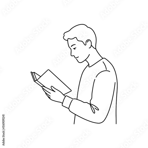 Line drawing of young man reading a book while standing  