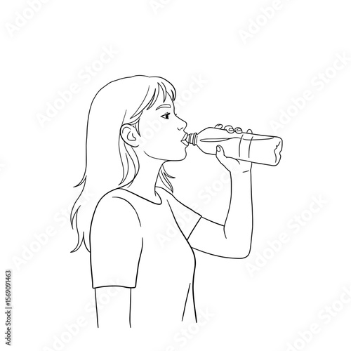 Young woman drinking water from bottle in minimalist line drawing style  