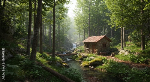 Secluded Cabin in a Sun-Dappled Forest