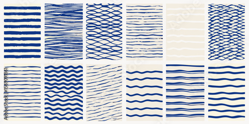 Collection of abstract blue and cream striped and wavy patterns