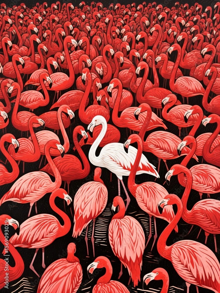 Naklejka premium White Flamingo Standing Out in a Sea of Red Flamingos – Concept of Individuality and Uniqueness