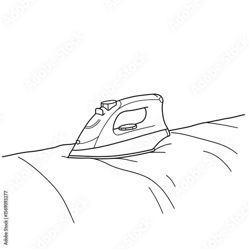 Steam iron gliding over wrinkled fabric in minimalist outline style  