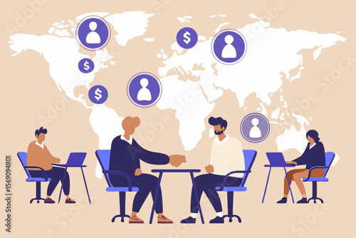 Business people shaking hands across a table with world map and user icons