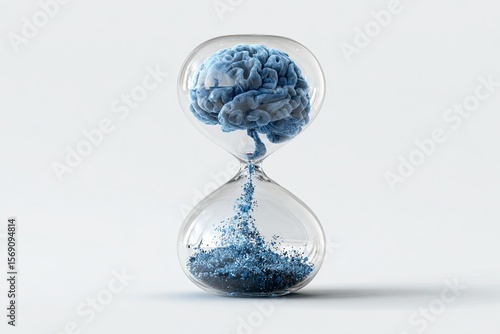 Time is Brain: Conceptual Image of Brain-Shaped Object Inside Hourglass with Blue Sand