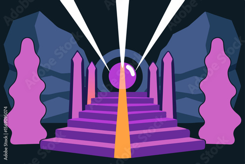 Red-lit 3D architectural corridor with grand arches, columns, and a staircase, casting shadows for a business success concept