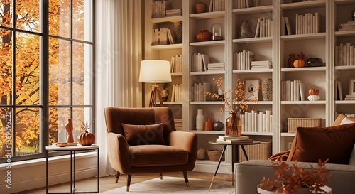 Cozy living room interior with a brown armchair, bookshelves, and a large window showcasing autumn foliage.