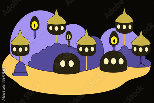 A cute, funny cartoon black cat and bat haunt a scary fairy tale castle on a hill under the moonlit night, perfect for a Halloween vector illustration