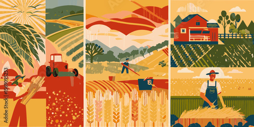 Stylized triptych depicting rural farming scenes with farmers and tractors