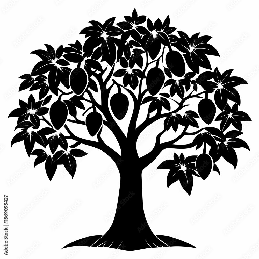 Obraz premium Mango tree black Silhouette Vector on white background