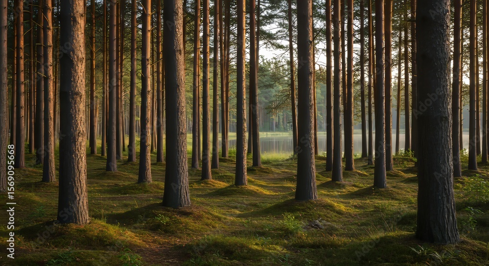 Fototapeta premium Sunlit Pine Forest Path, Serene Nature Scene
