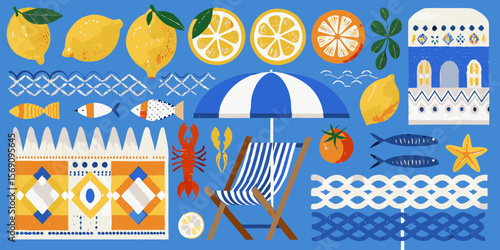 Vibrant summer beach scene with lemons lobster and mediterranean architecture