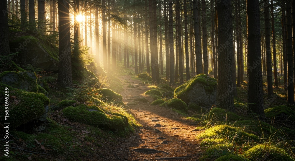 Naklejka premium Sunbeams through Majestic Forest Trail