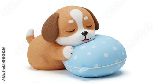 Cute cartoon dog figurine sleeping on a blue pillow