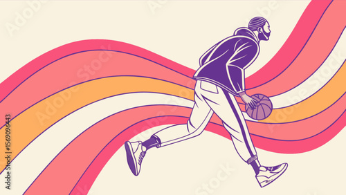 Stylish basketball player dribbling ball with retro wave background design vector illustration