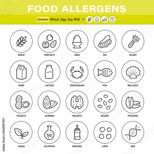 Food allergens set icon. Icons designed to represent the major food allergens clearly and effectively. The outline icons are well scalable and editable, good for different backgrounds. EPS10.