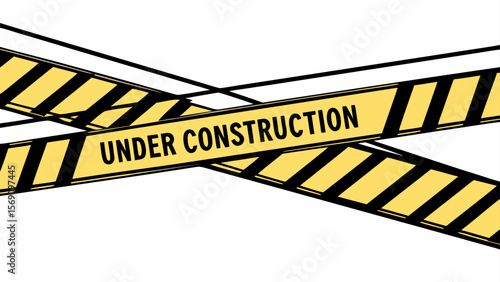 Yellow and black striped caution tape with the words under construction crosses over a white background symbolizing a temporary closure or ongoing project