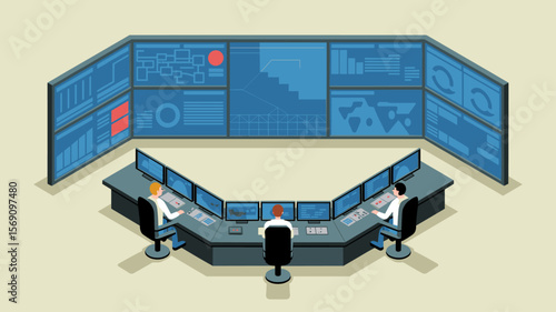 operators in a command center monitoring data on multiple screens, isometric vector illustration for an industrial control room, process monitoring and system surveillance