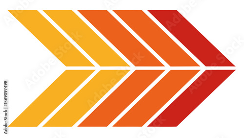 Abstract graphic design featuring a chevron pattern composed of parallel stripes in a warm gradient of yellow orange and red pointing to the right on a white background