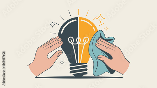 creator's hands polishing a lightbulb from dull to bright, vector illustration for idea perfection, concept refinement and innovation development