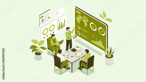 analyst presenting esg data to a team on a large screen, isometric vector illustration for green tech, sustainability reporting and corporate social responsibility