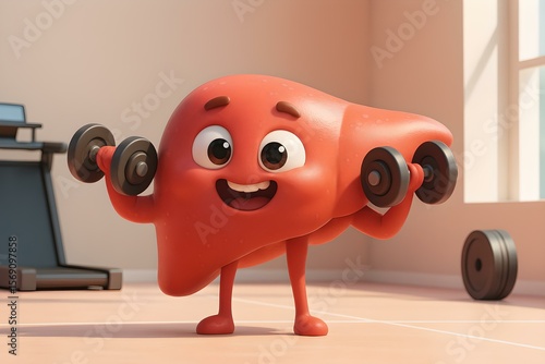 A cheerful cartoon liver character is lifting dumbbells in a brightly lit gym setting.