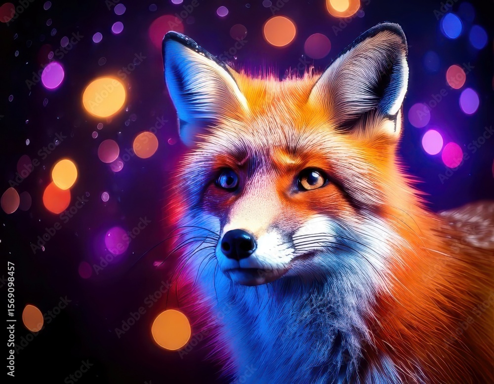Obraz premium Fox in a vibrant dreamy atmosphere with colorful flares and sparkling ambient light