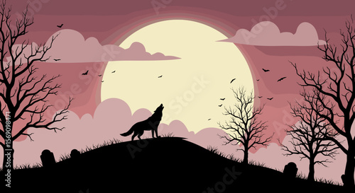 Wolf howling at full moon in a dark forest landscape  