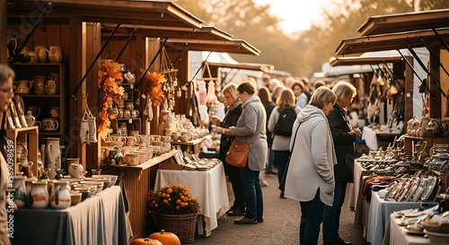 Outdoor market scene with people browsing handcrafted goods under wooden stalls.