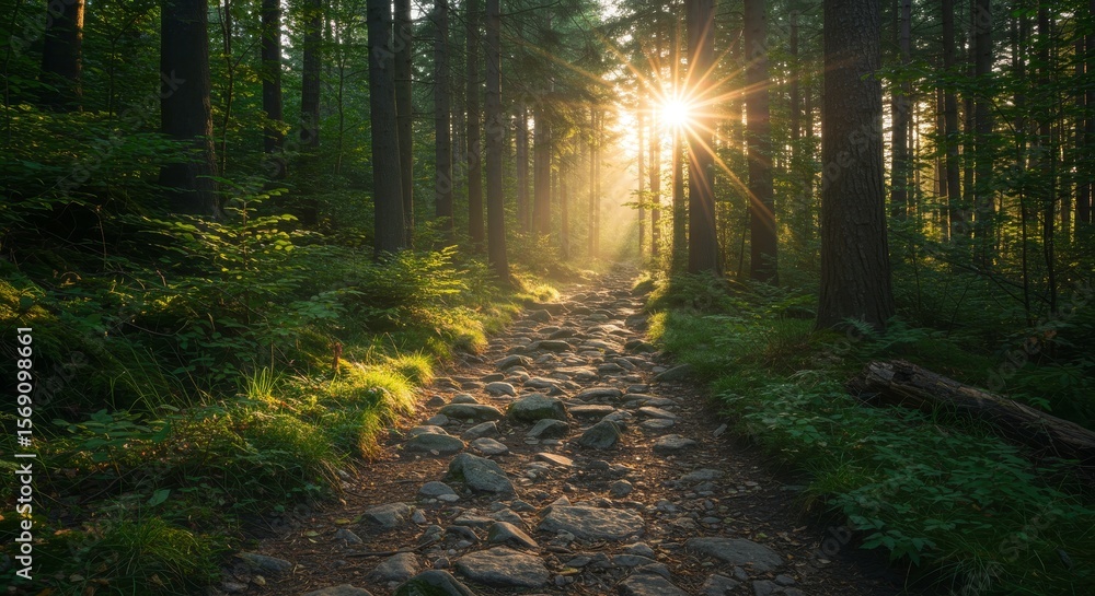 Fototapeta premium Sunlit Forest Path: Magical Sunrise Hike