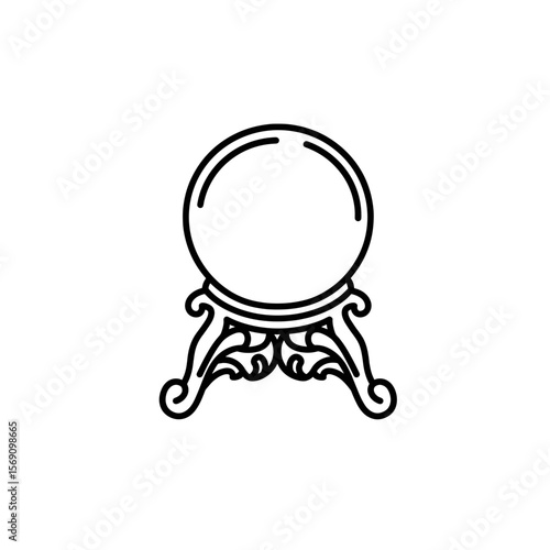 Crystal ball on ornate stand in minimalist line art style  
