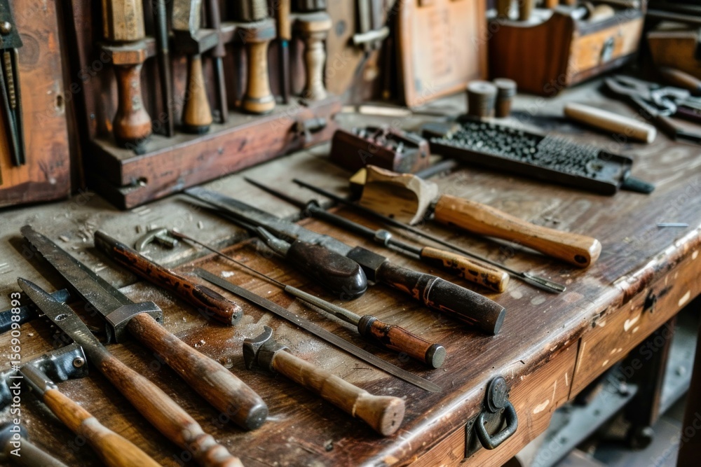 Old hand tools are lying on a wooden workbench in a traditional workshop Old hand tools are lying on a wooden workbench in a traditional workshop