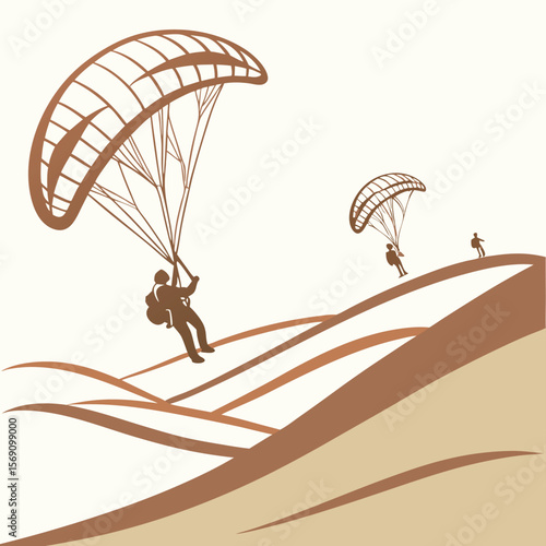 Two paragliders soaring over rolling hills with a person standing on the hill in a sepia tone scene