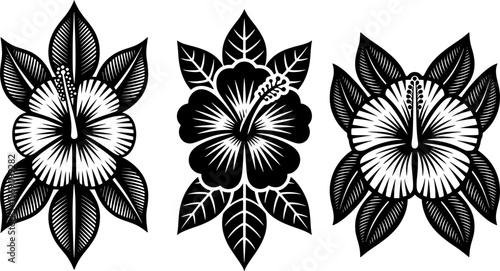 Bold silhouette of hibiscus bloom with tribal petal designs, ideal for summer decor, mascot logos, and tropical prints
