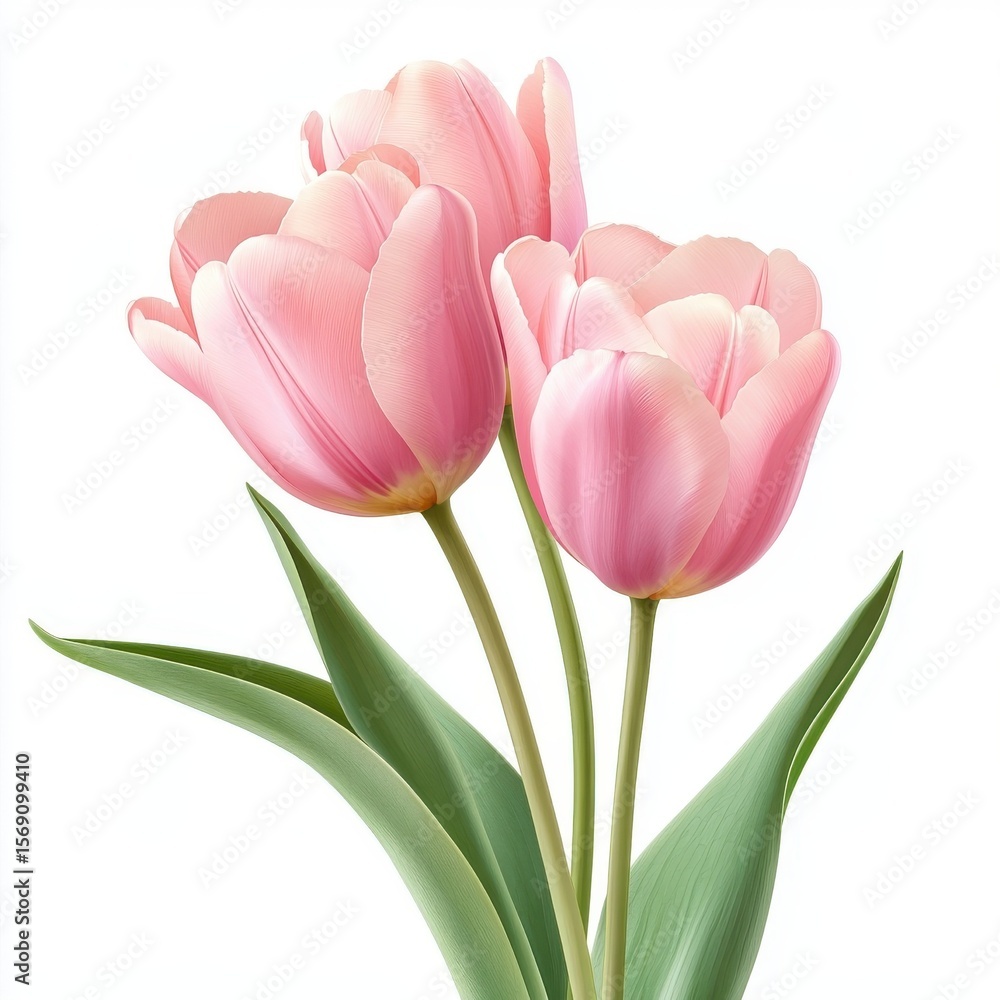 Naklejka premium Pink tulips with leaves, isolate on white background.