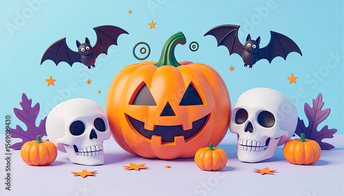 soft blue paper space, flat lay composition, with 3D catoon three pumpkins, skull, ghost and bat, net spooky elements for scary night decoration, copy space