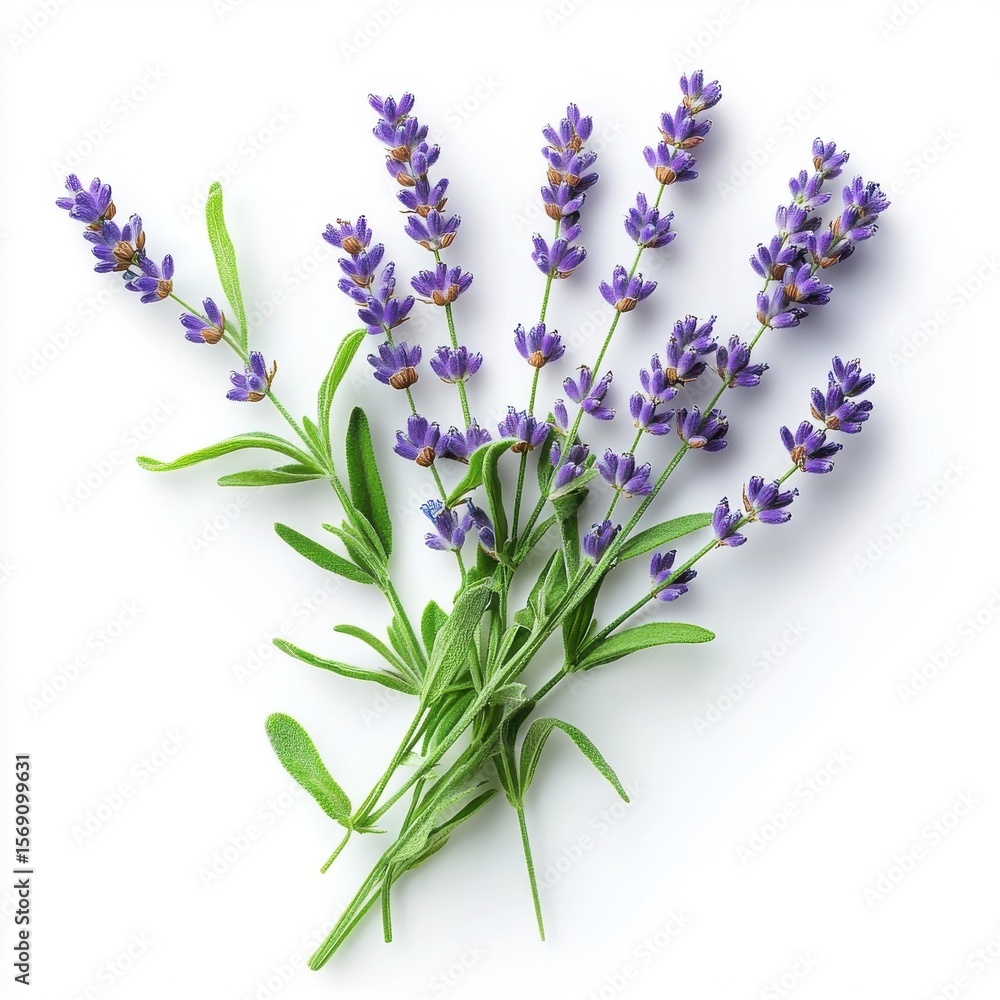 Obraz premium Lavender stems with fresh green leaves, isolate on white background.