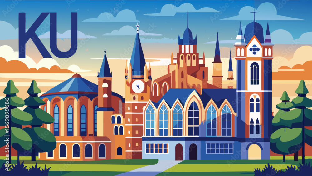 Fototapeta premium KU Leuven, Belgium – Flemish Gothic spires, tall stained windows, and an iconic clock tower crown this tranquil and symmetrical scholarly haven.