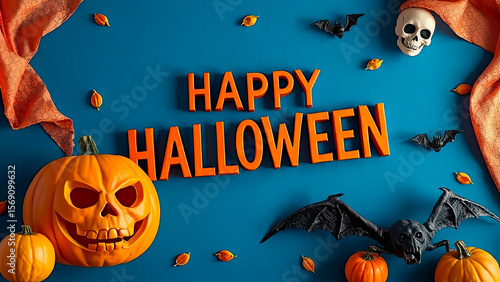 Happy Halloween text in blue space with 3D pumpkin, skull and bat spooky elements for scary night decoration