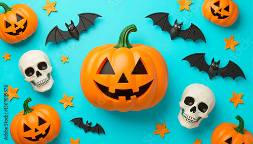 soft blue paper space, flat lay composition, with 3D catoon three pumpkins, skull, ghost and bat, net spooky elements for scary night decoration, copy space