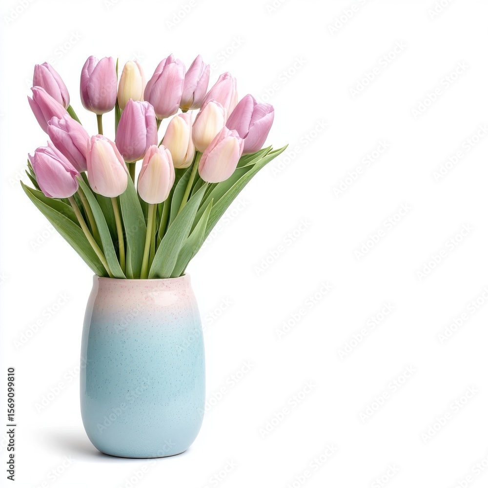 Obraz premium A bunch of purple tulips in a colorful vase, isolate on white background.