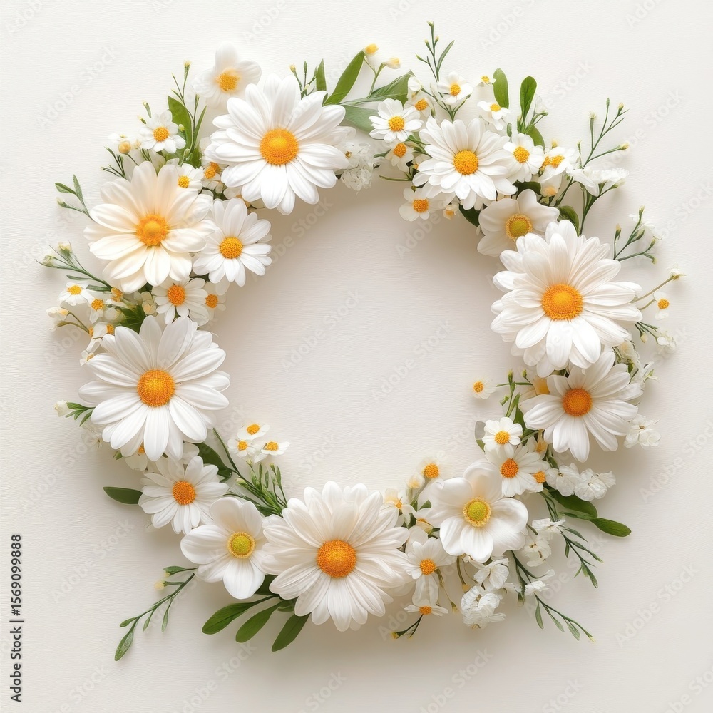 Fototapeta premium White daisies arranged in a wreath frame, isolate on white background.