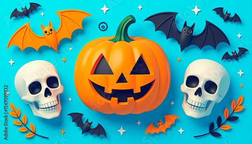soft blue paper space, flat lay composition, with 3D catoon three pumpkins, skull, ghost and bat, net spooky elements for scary night decoration, copy space