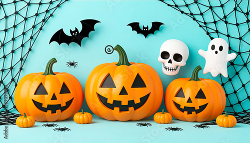 soft blue paper space, flat lay composition, with 3D catoon three pumpkins, skull, ghost and bat, net spooky elements for scary night decoration, copy space