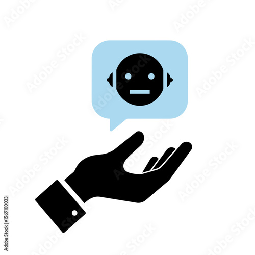 Hand holding speech bubble with robot face symbolizing communication  