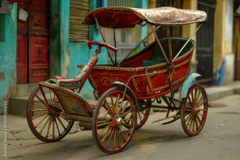 Fototapeta premium Colorful cycle rickshaw waiting for customers on a havana street, showcasing the vibrant culture and traditional transportation of cuba