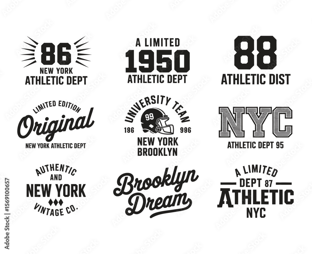 Obraz premium New York, Brooklyn typography, badges set for t-shirt print. Varsity style t-shirt graphics — Vector