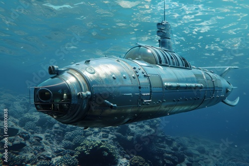 Fototapeta Naklejka Na Ścianę i Meble -  Fantasy steampunk submarine exploring a beautiful coral reef on the ocean floor