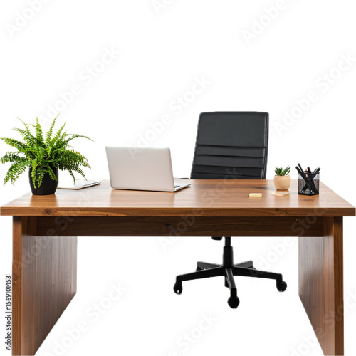modern dark wooden office desk table isolated on white or transparent png