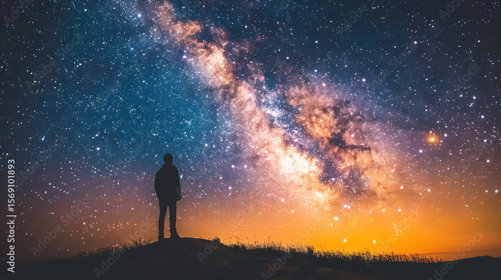 Fototapeta premium Person Standing on Hilltop Gazing at Vibrant Starry Sky with Milky Way Galaxy and Colorful Sunset in the Background
