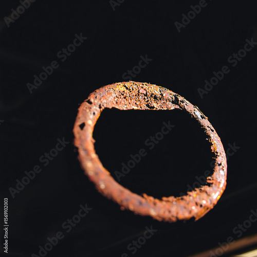 Close-up of a rusty, corroded circular metal ring against a dark background, showing detailed textures and oxidation effects, emphasizing decay and weathering processes.